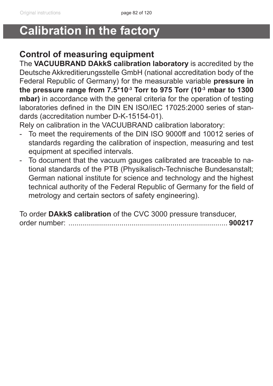 Calibration in the factory, Control of measuring equipment | VACUUBRAND PC 3001 VARIO emission condenser Peltronic User Manual | Page 82 / 120