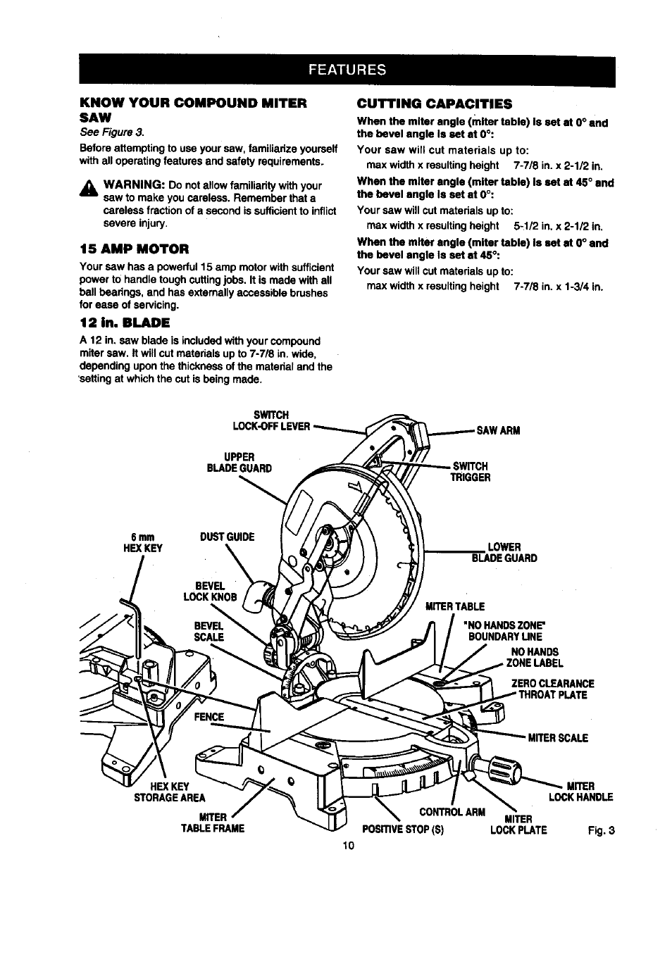 Know your compound miter saw, 15 amp motor, 12 in. blade | Cutting capacities, Lower, Blade guard, N0 hands zonp boundary une, N0 hands zone label, Mrter lock handle, Features | Craftsman 315.212120 User Manual | Page 10 / 36