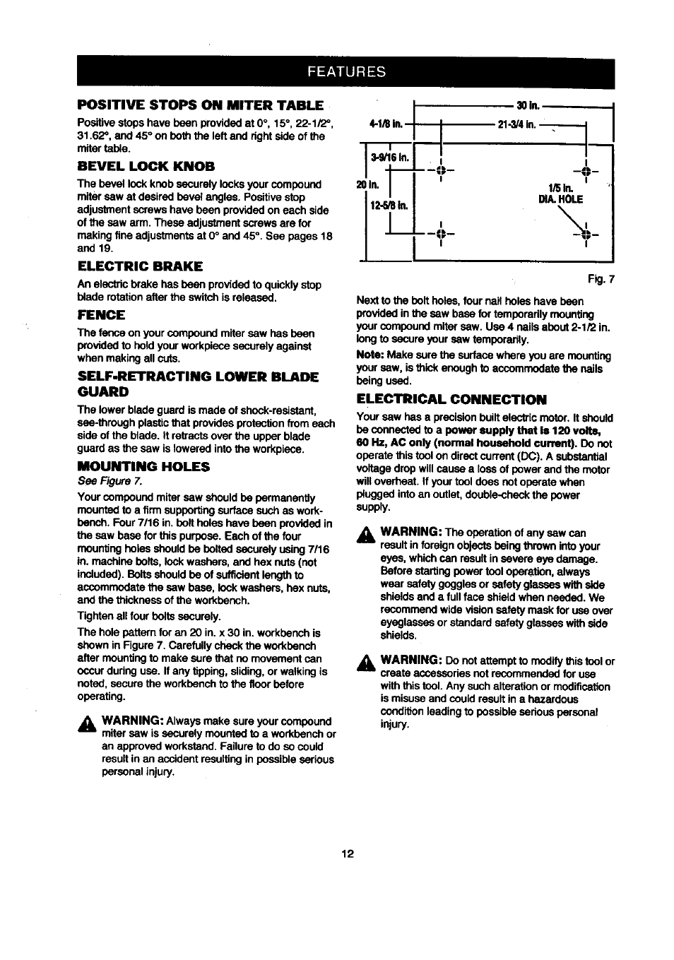 Positive stops on miter table, Bevel lock knob, Electric brake | Fence, Self-retracting lower blade guard, Mounting holes, Electrical connection, 60 hz, ac only (normal household current). do not, Features | Craftsman 315.212120 User Manual | Page 12 / 36