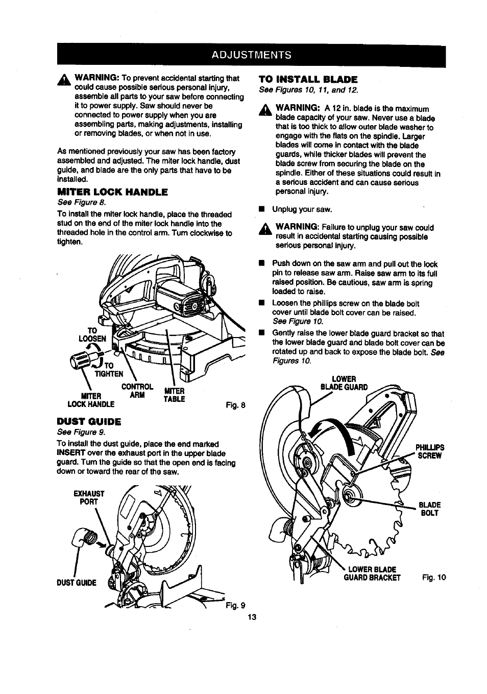 Miter lock handle, Dust guide, To install blade | Adjustments | Craftsman 315.212120 User Manual | Page 13 / 36