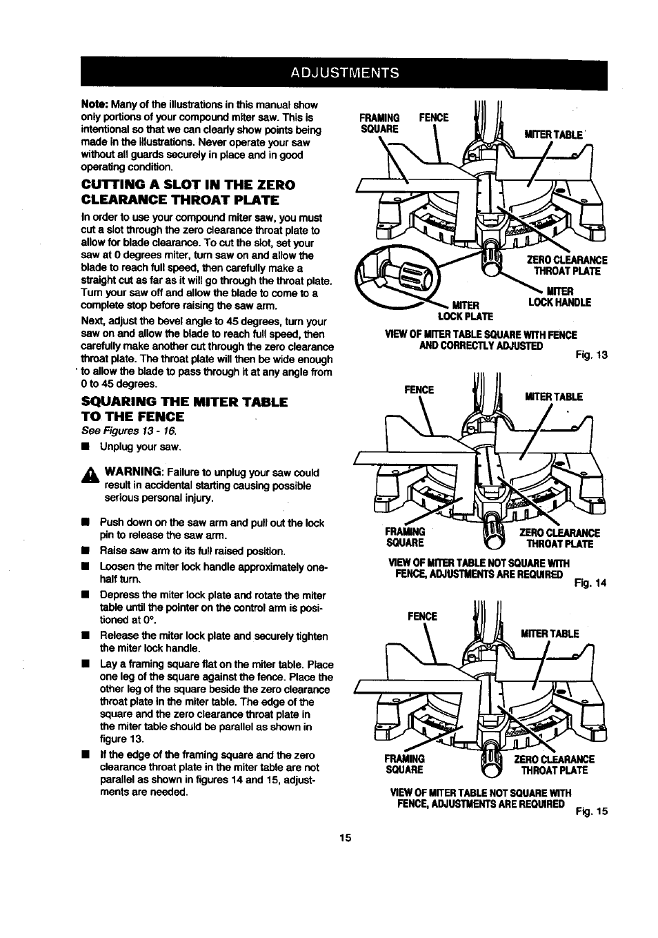 Adjustments, Cutting a slot in the zero clearance throat plate, Squaring the miter table to the fence | Craftsman 315.212120 User Manual | Page 15 / 36