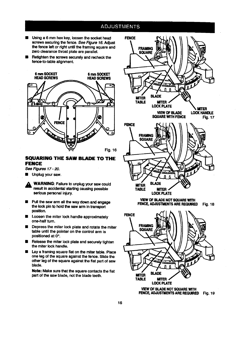 Squaring the saw blade to the fence, Adjustments | Craftsman 315.212120 User Manual | Page 16 / 36