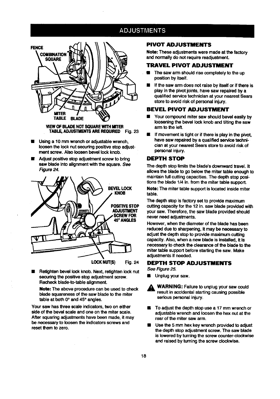 Pivot adjustments, Travel pivot adjustment, Bevel pivot adjustment | Depth stop, Depth stop adjustments, Adjustments | Craftsman 315.212120 User Manual | Page 18 / 36