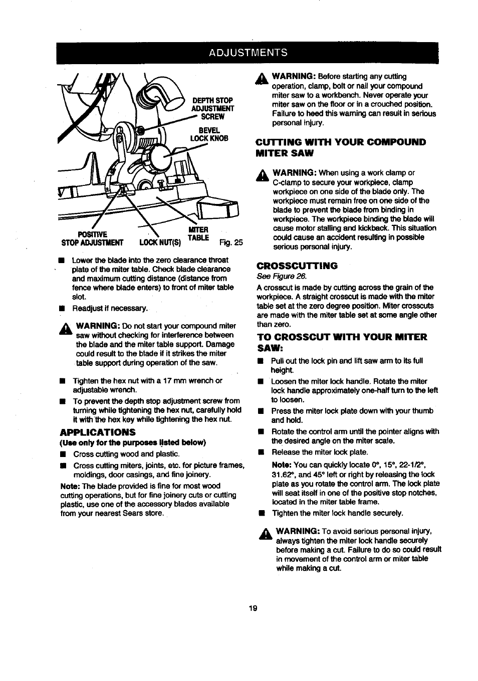 Applications, Cutting with your compound miter saw, Crosscutting | To crosscut with your miter saw, Adjustments | Craftsman 315.212120 User Manual | Page 19 / 36