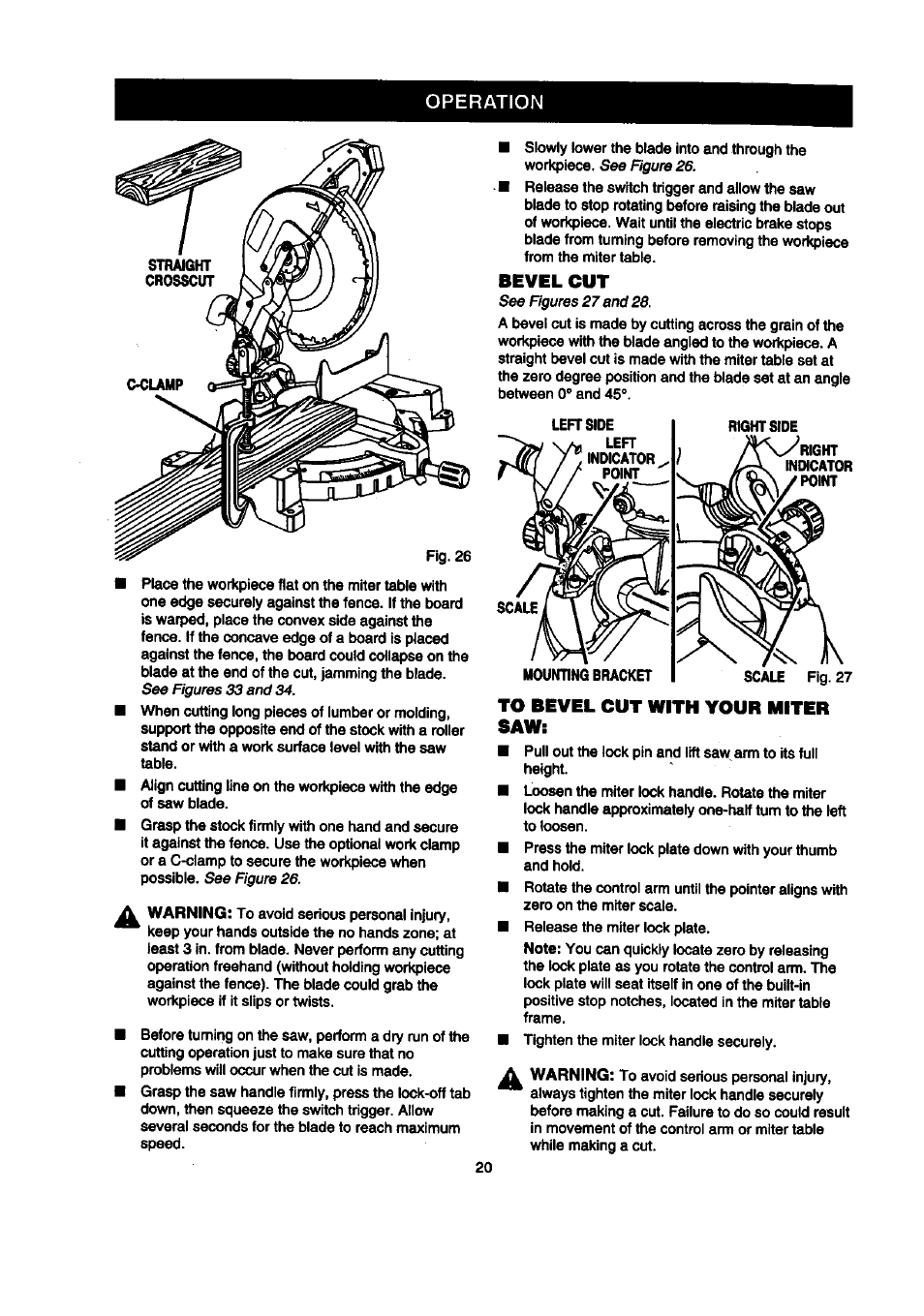 Bevel cut, Left, Indicator point | To bevel cut with your miter saw, Operation | Craftsman 315.212120 User Manual | Page 20 / 36