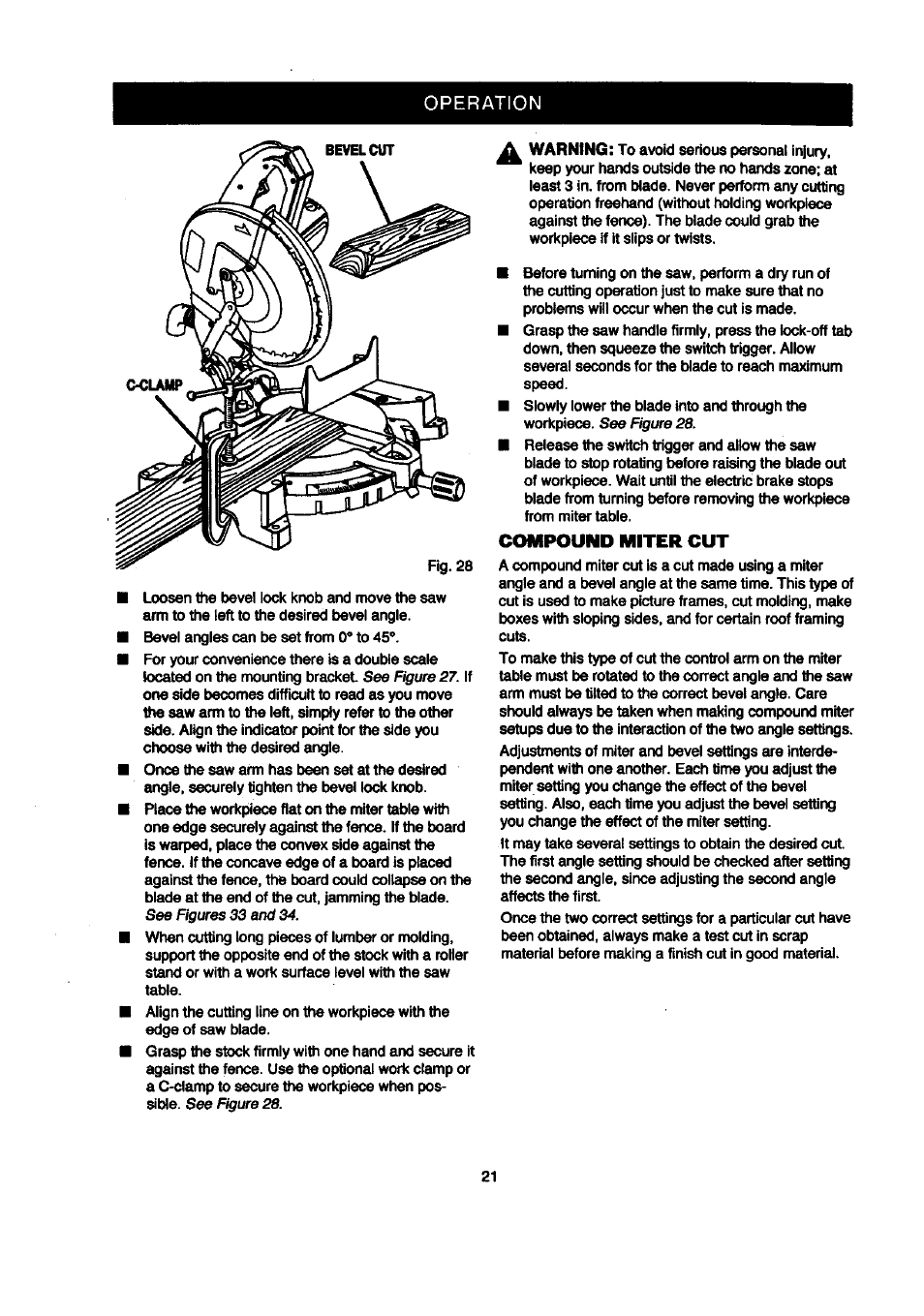 Compound miter cut, Operation | Craftsman 315.212120 User Manual | Page 21 / 36