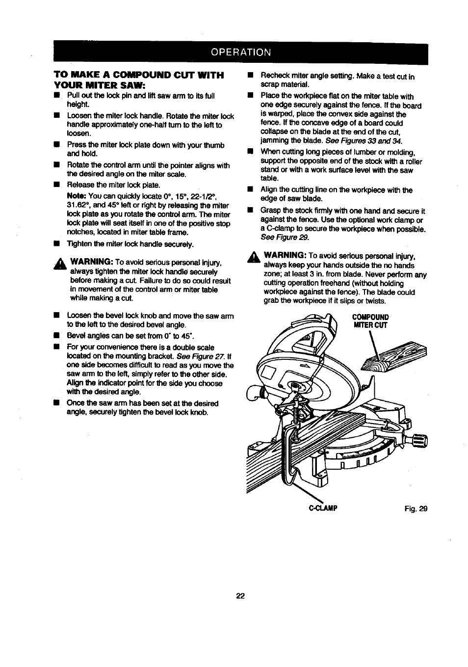 To make a compound cut with your miter saw, Operation | Craftsman 315.212120 User Manual | Page 22 / 36