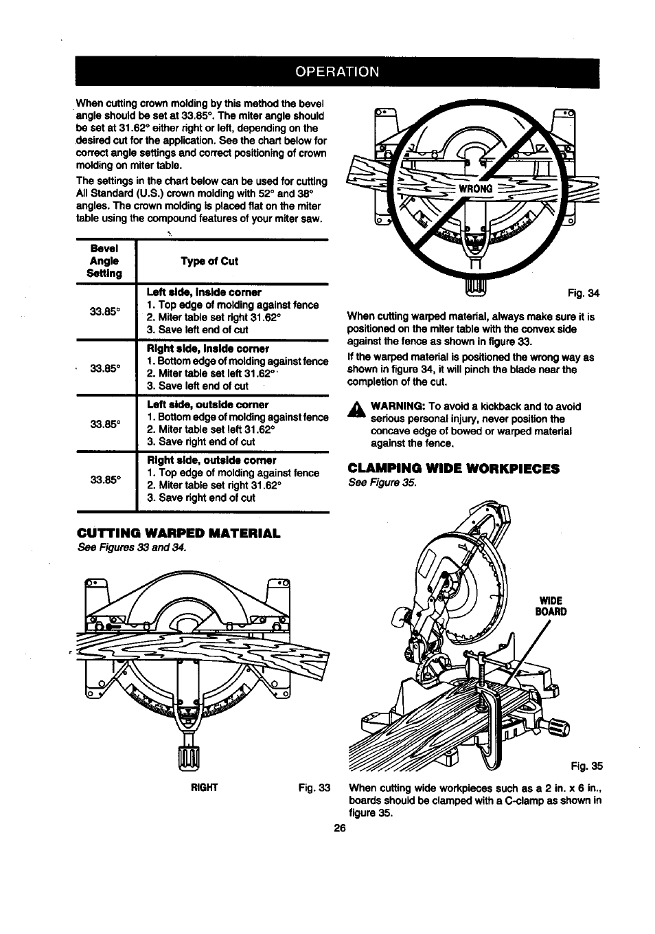 Clamping wide workpieces, Cutting warped material, Operation | Craftsman 315.212120 User Manual | Page 26 / 36