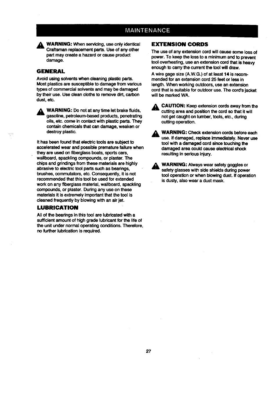 General, Lubrication, Extension cords | Maintenance | Craftsman 315.212120 User Manual | Page 27 / 36