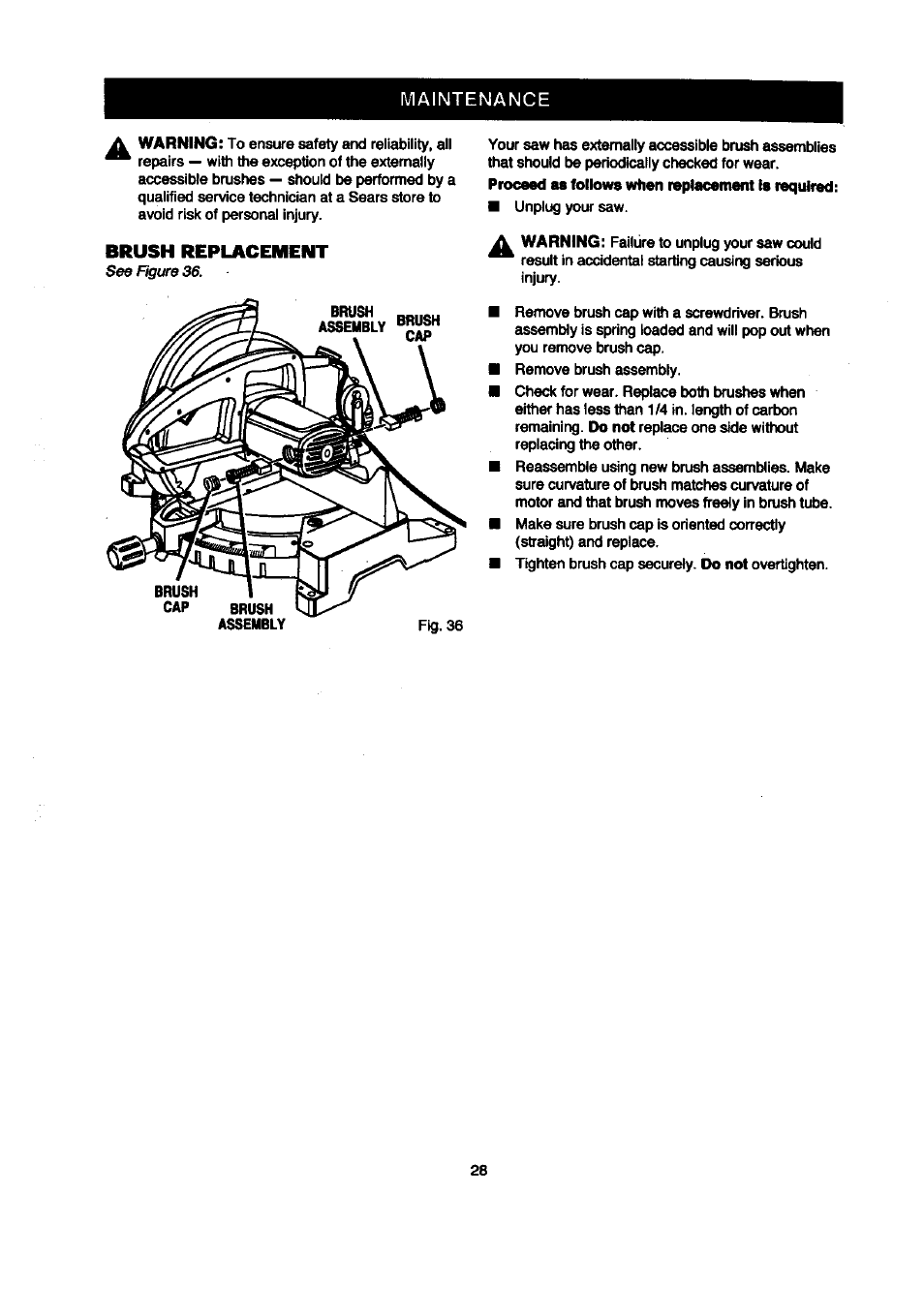 Brush replacement, Maintenance | Craftsman 315.212120 User Manual | Page 28 / 36