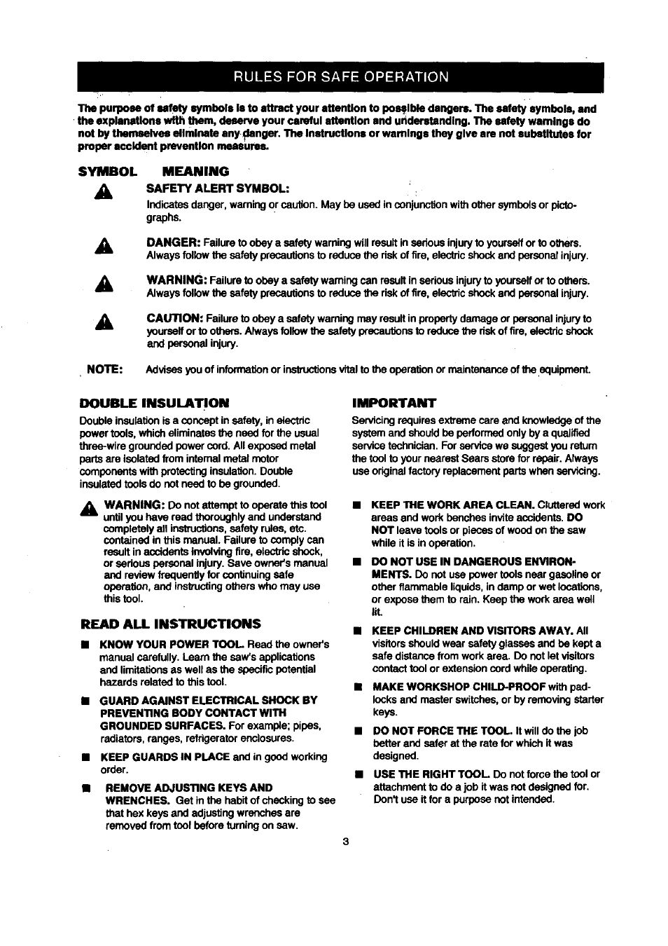 Symbol meaning, Double insulation, Read all instructions | Important, Rules for safe operation | Craftsman 315.212120 User Manual | Page 3 / 36