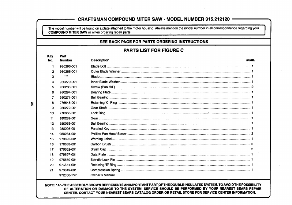 Parts list for figure c, See back page for parts ordering instructions | Craftsman 315.212120 User Manual | Page 35 / 36