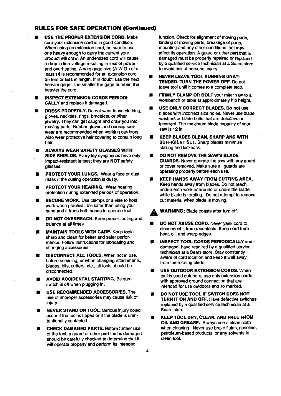 Rules for safe operation (continued) | Craftsman 315.212120 User Manual | Page 4 / 36