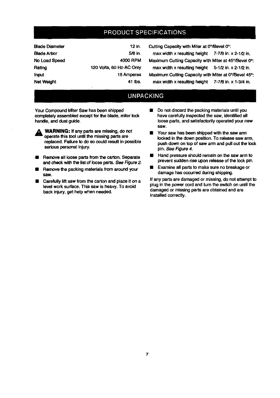 Product specifications, Unpacking | Craftsman 315.212120 User Manual | Page 7 / 36