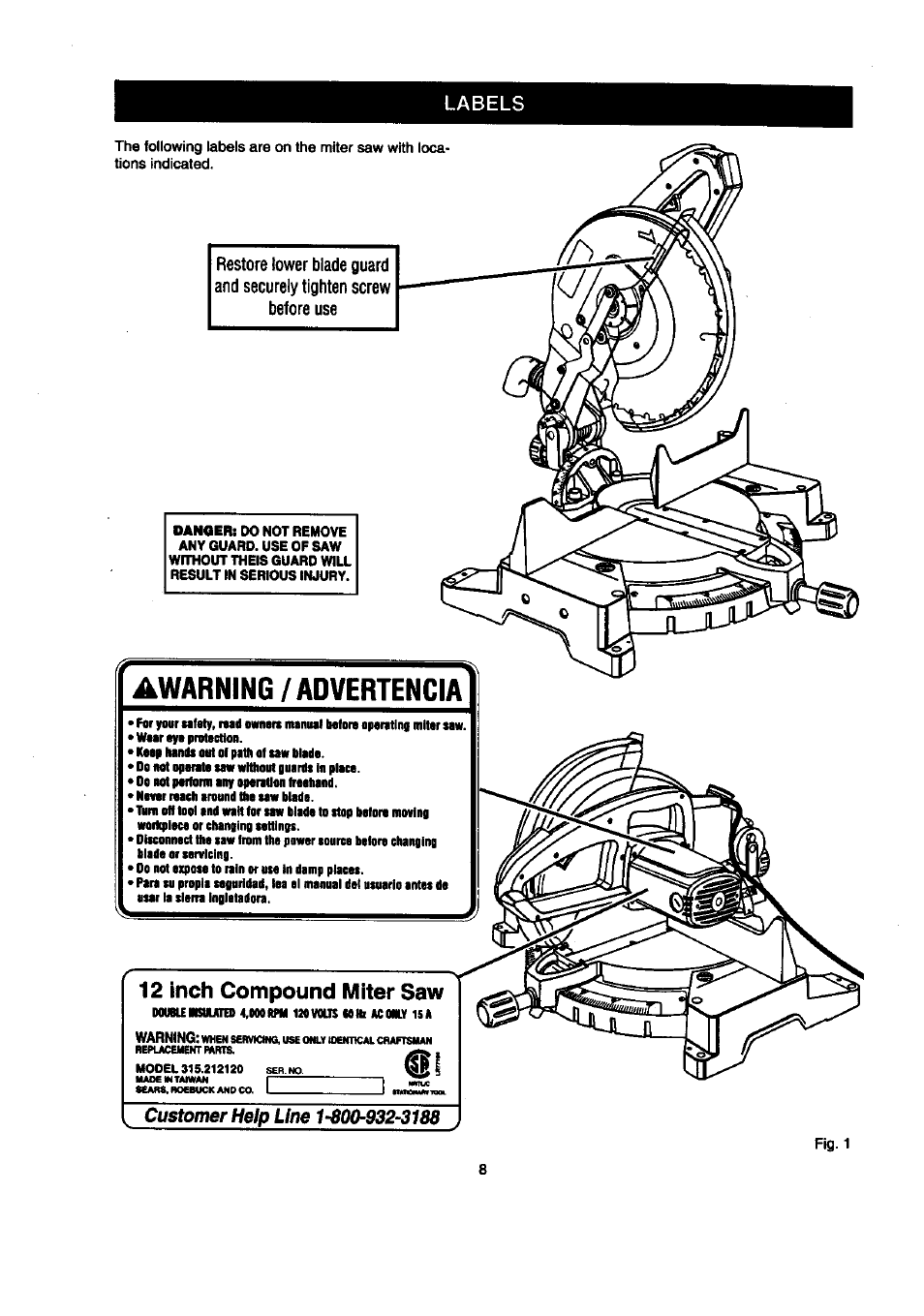 Awarning / advertencia, 12 inch compound miter saw | Craftsman 315.212120 User Manual | Page 8 / 36