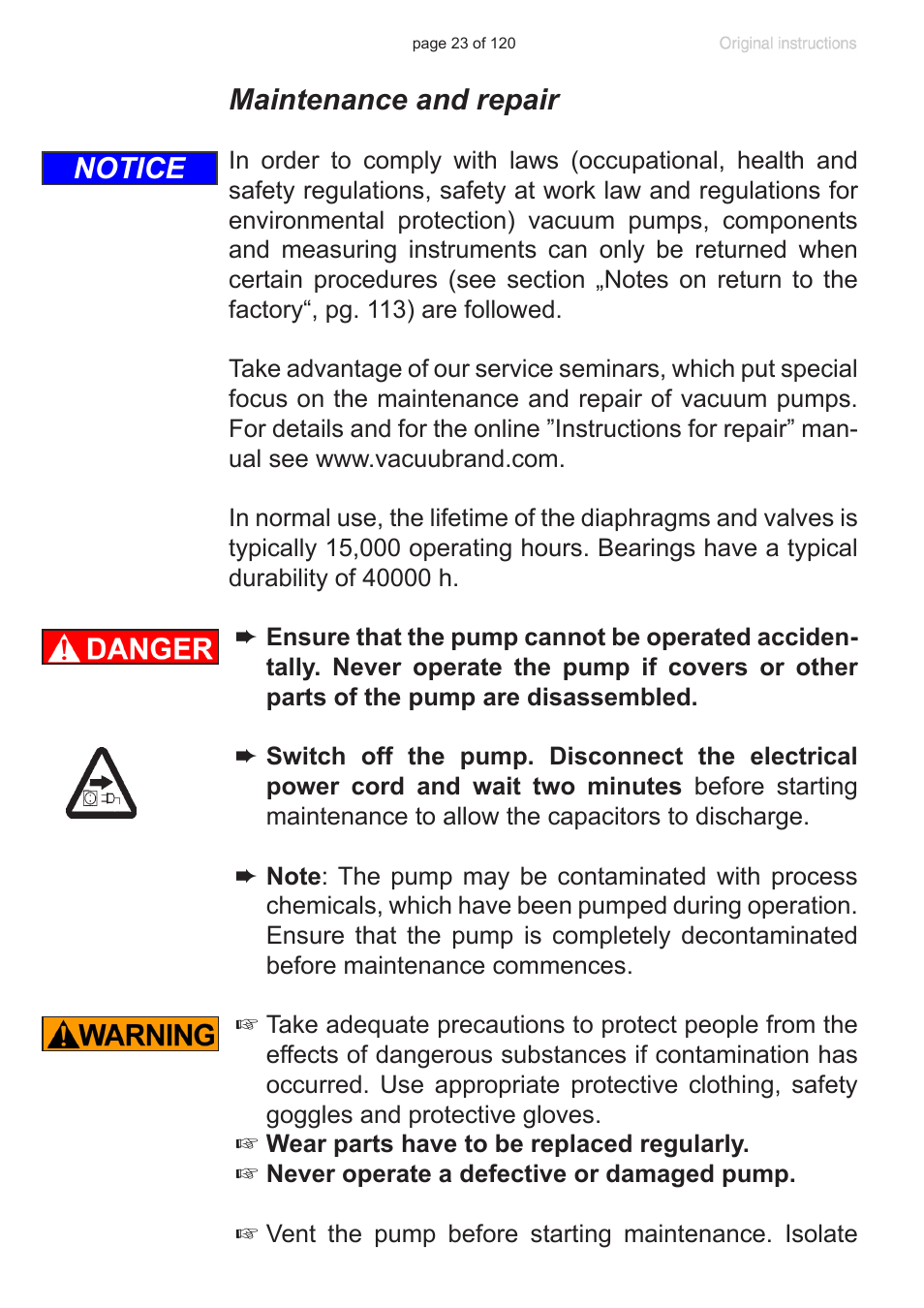 Maintenance and repair, Notice | VACUUBRAND PC 3001 VARIOpro emission condenser Peltronic User Manual | Page 23 / 120