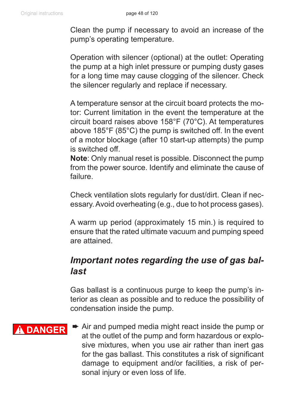 Important notes regarding the use of gas ballast | VACUUBRAND PC 3001 VARIOpro emission condenser Peltronic User Manual | Page 48 / 120