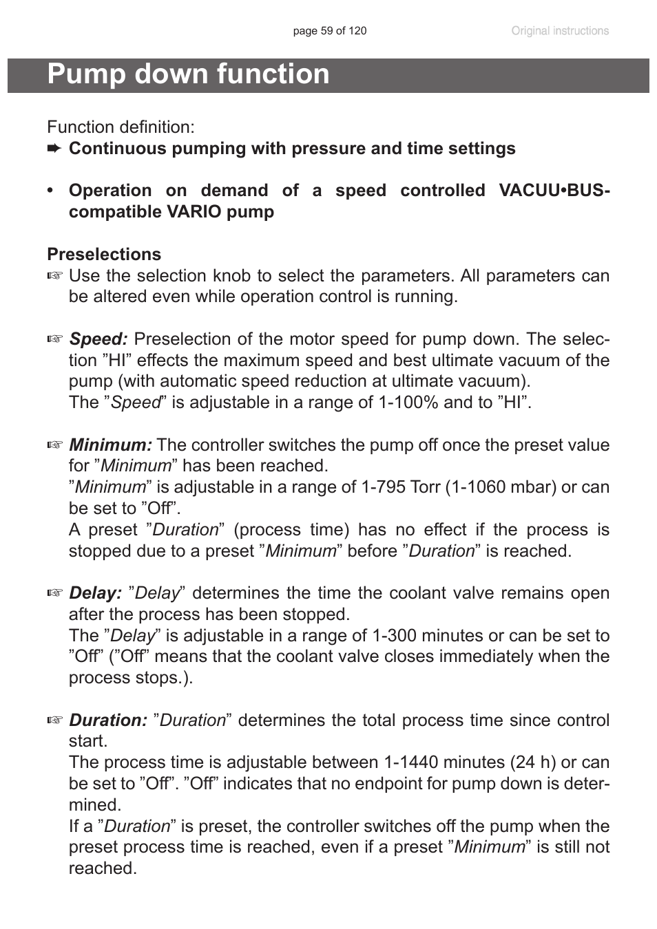 Pump down function | VACUUBRAND PC 3001 VARIOpro emission condenser Peltronic User Manual | Page 59 / 120