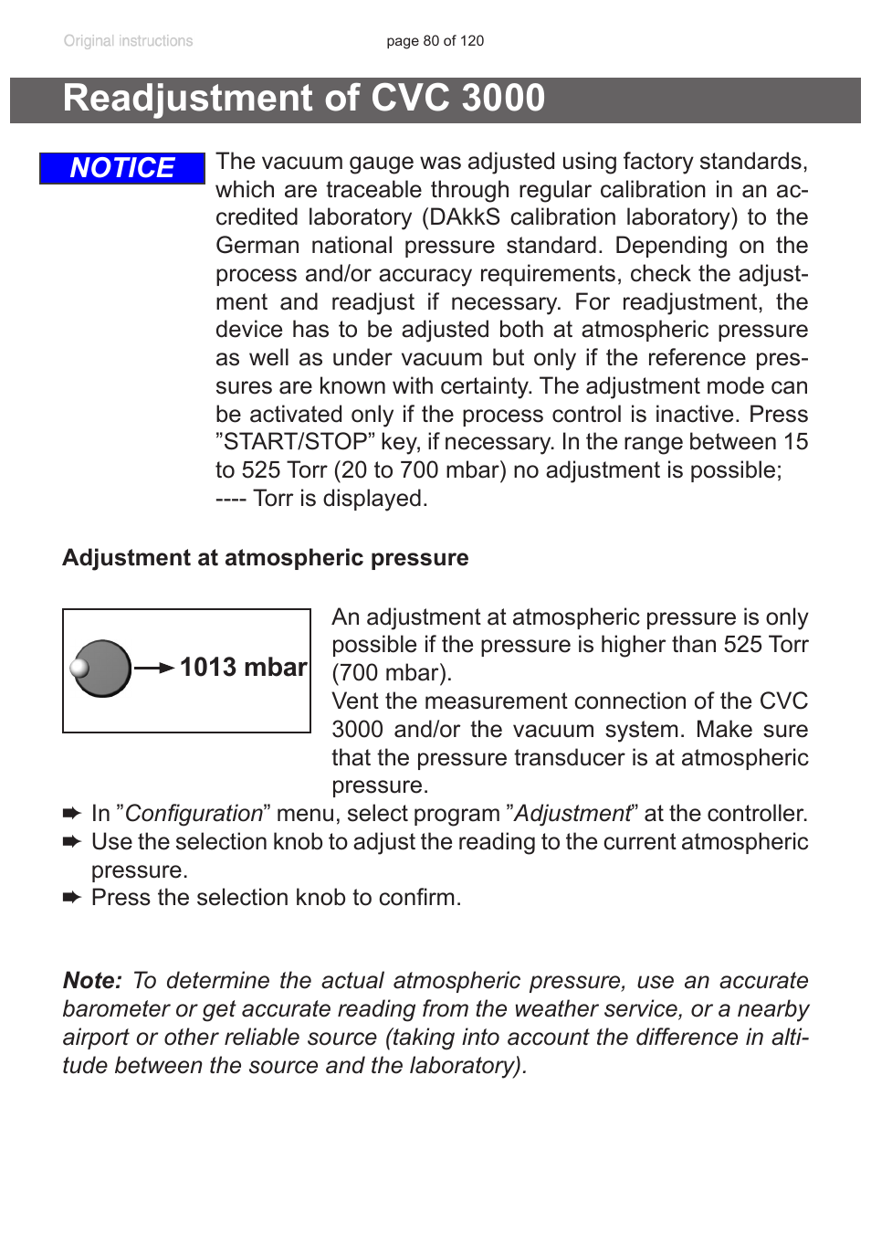 Readjustment of cvc 3000, Notice | VACUUBRAND PC 3001 VARIOpro emission condenser Peltronic User Manual | Page 80 / 120