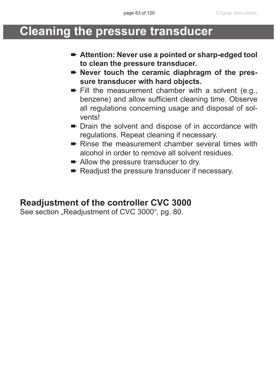 Cleaning the pressure transducer, Readjustment of the controller cvc 3000 | VACUUBRAND PC 3001 VARIOpro emission condenser Peltronic User Manual | Page 83 / 120