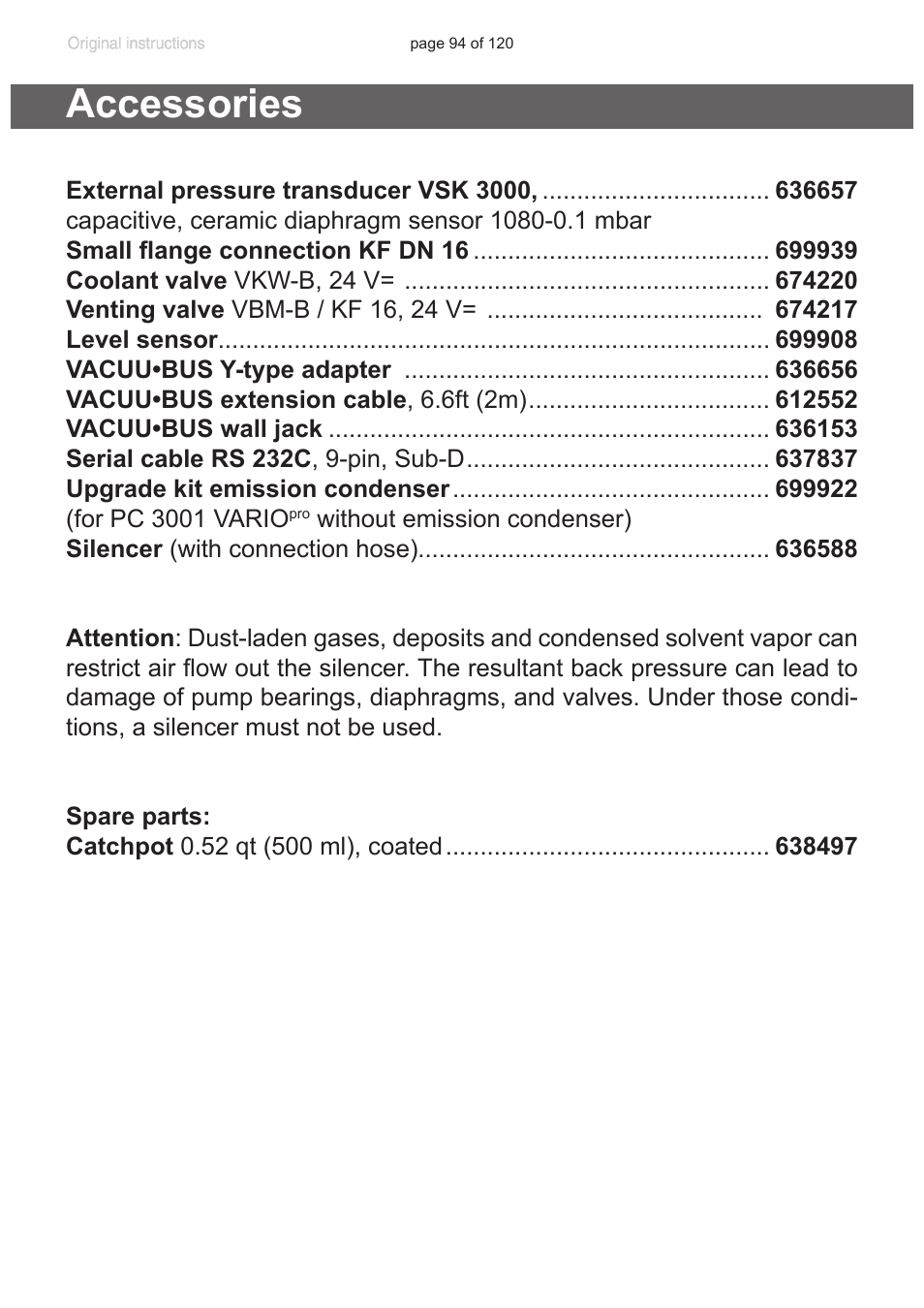 Accessories, Cessories“, pg. 94), Accessories“, pg | VACUUBRAND PC 3001 VARIOpro emission condenser Peltronic User Manual | Page 94 / 120