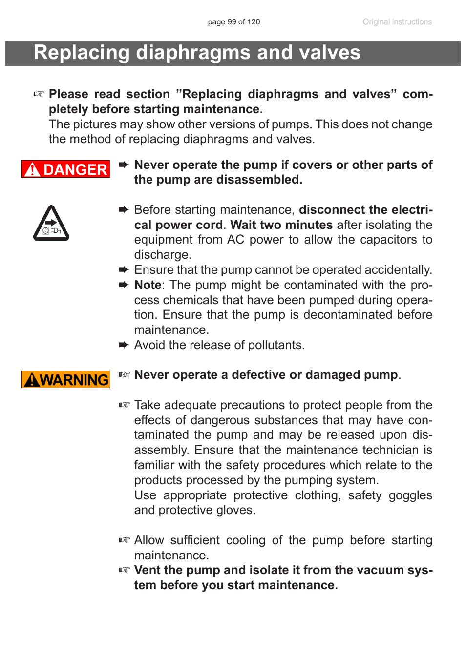 Replacing diaphragms and valves, See section „re, Placing diaphragms and valves“, pg. 99) | VACUUBRAND PC 3001 VARIOpro emission condenser Peltronic User Manual | Page 99 / 120