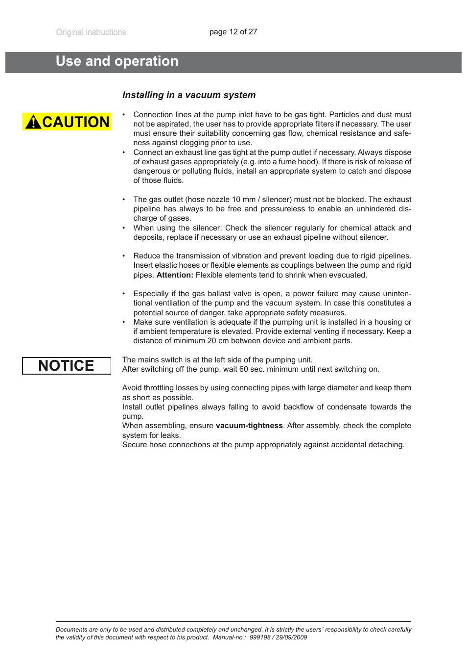 Use and operation, Installing in a vacuum system, Notice | VACUUBRAND PC 3001 basic User Manual | Page 12 / 27