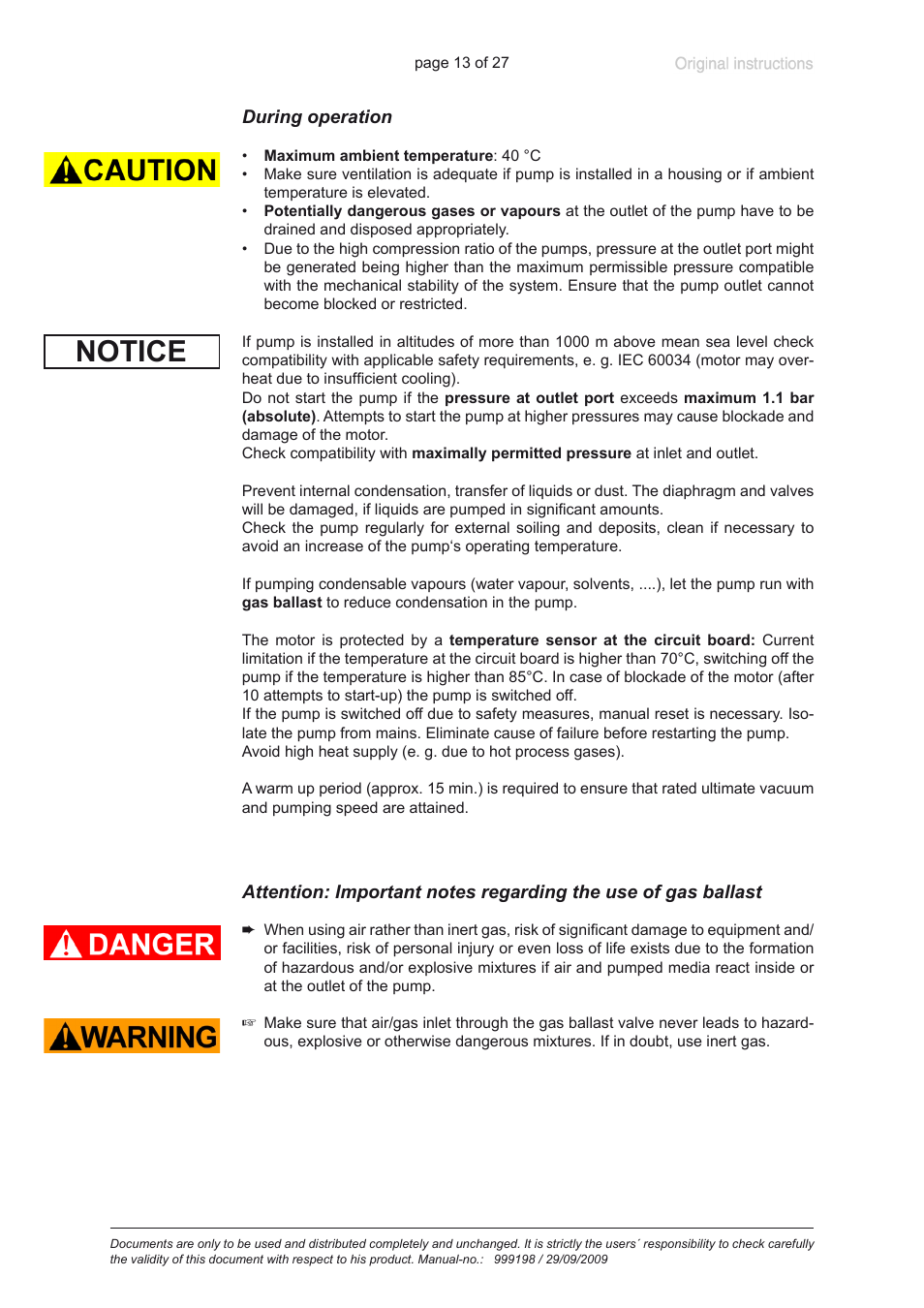 During operation, Notice | VACUUBRAND PC 3001 basic User Manual | Page 13 / 27