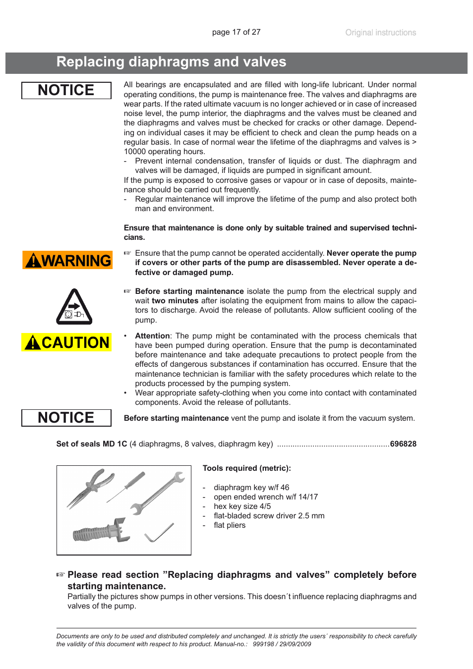 Replacing diaphragms and valves, Notice | VACUUBRAND PC 3001 basic User Manual | Page 17 / 27