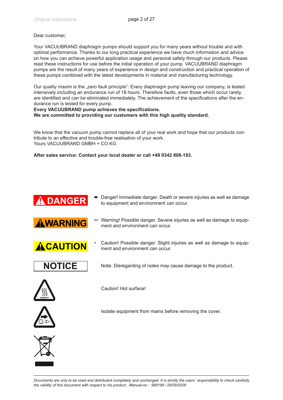 Notice | VACUUBRAND PC 3001 basic User Manual | Page 2 / 27