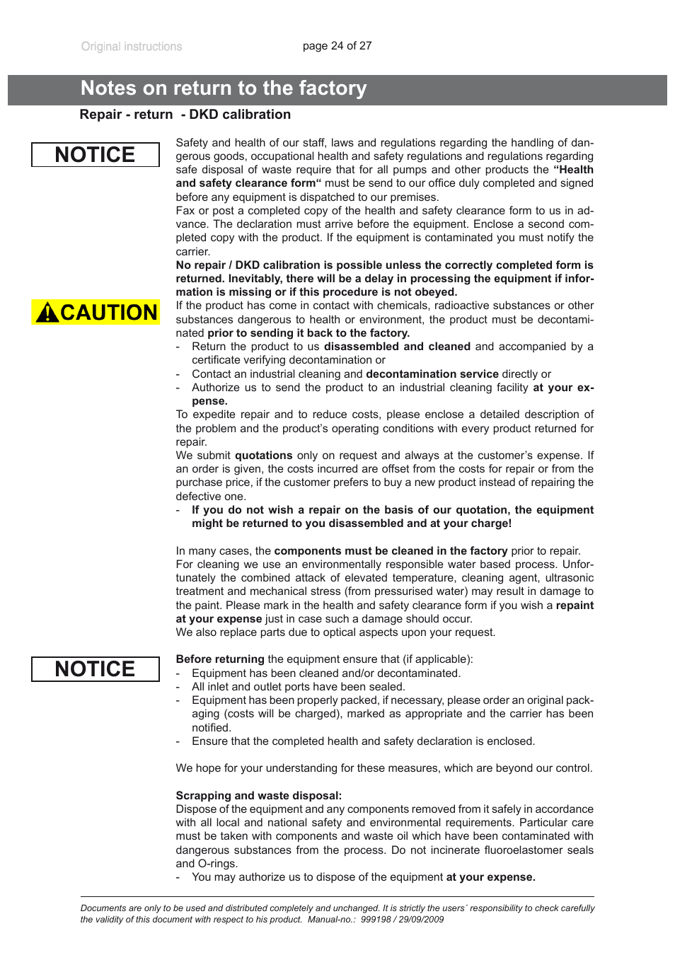 Notes on return to the factory, Notice | VACUUBRAND PC 3001 basic User Manual | Page 24 / 27