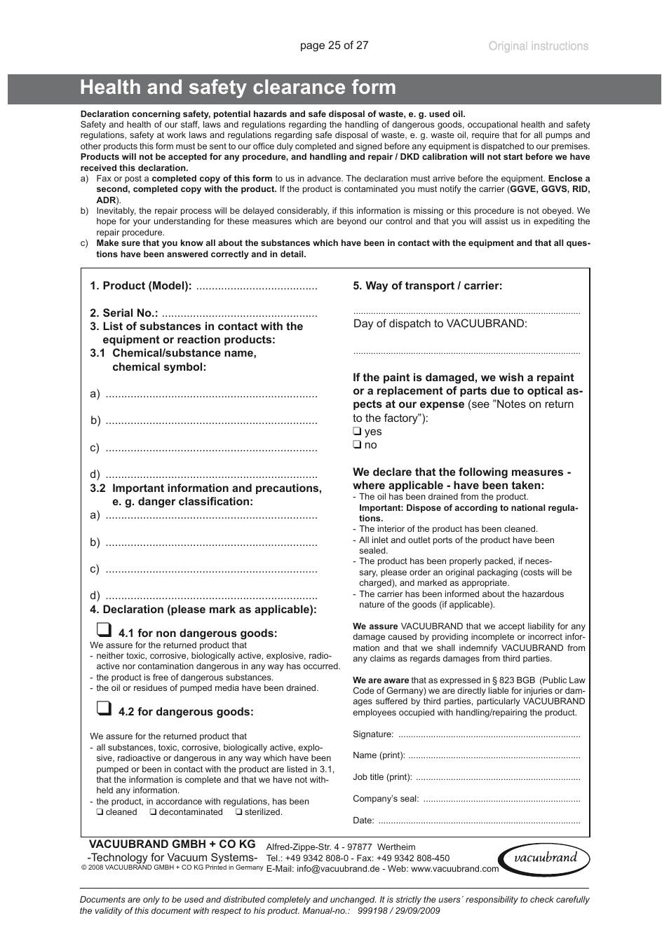 Health and safety clearance form | VACUUBRAND PC 3001 basic User Manual | Page 25 / 27