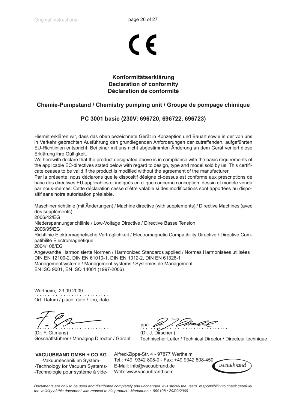 Declaration of conformity | VACUUBRAND PC 3001 basic User Manual | Page 26 / 27