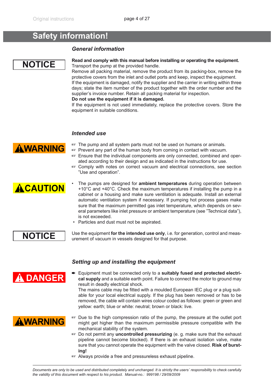 Safety information, General information, Intended use | Setting up and installing the equipment, Notice | VACUUBRAND PC 3001 basic User Manual | Page 4 / 27