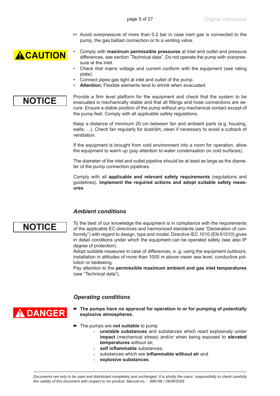 Ambient conditions, Operating conditions, Notice | VACUUBRAND PC 3001 basic User Manual | Page 5 / 27