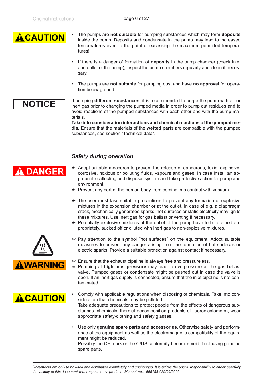 Safety during operation, Notice | VACUUBRAND PC 3001 basic User Manual | Page 6 / 27