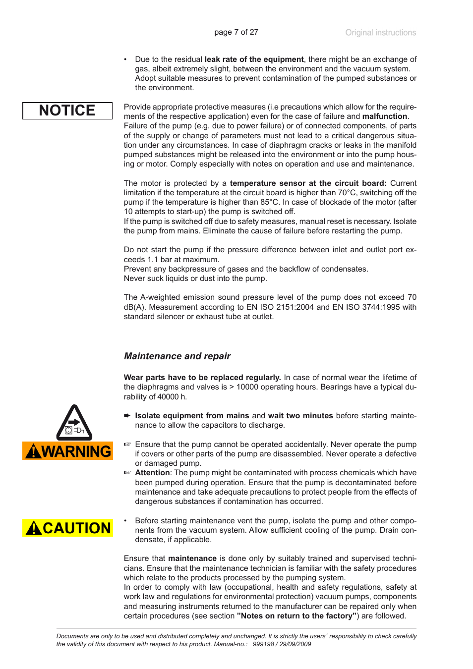 Maintenance and repair, Notice | VACUUBRAND PC 3001 basic User Manual | Page 7 / 27