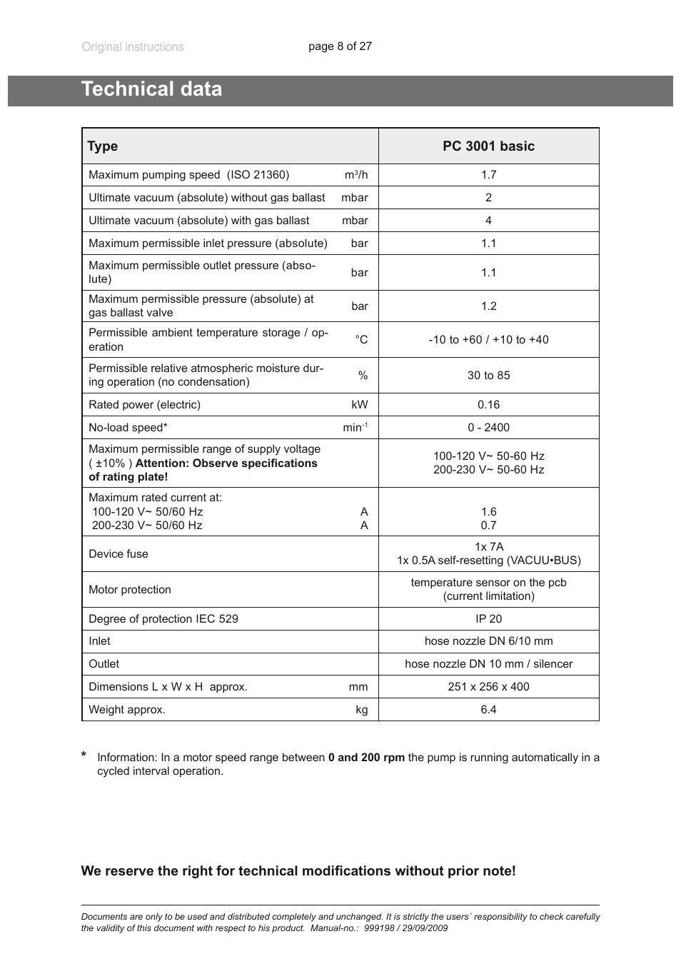 Technical data | VACUUBRAND PC 3001 basic User Manual | Page 8 / 27