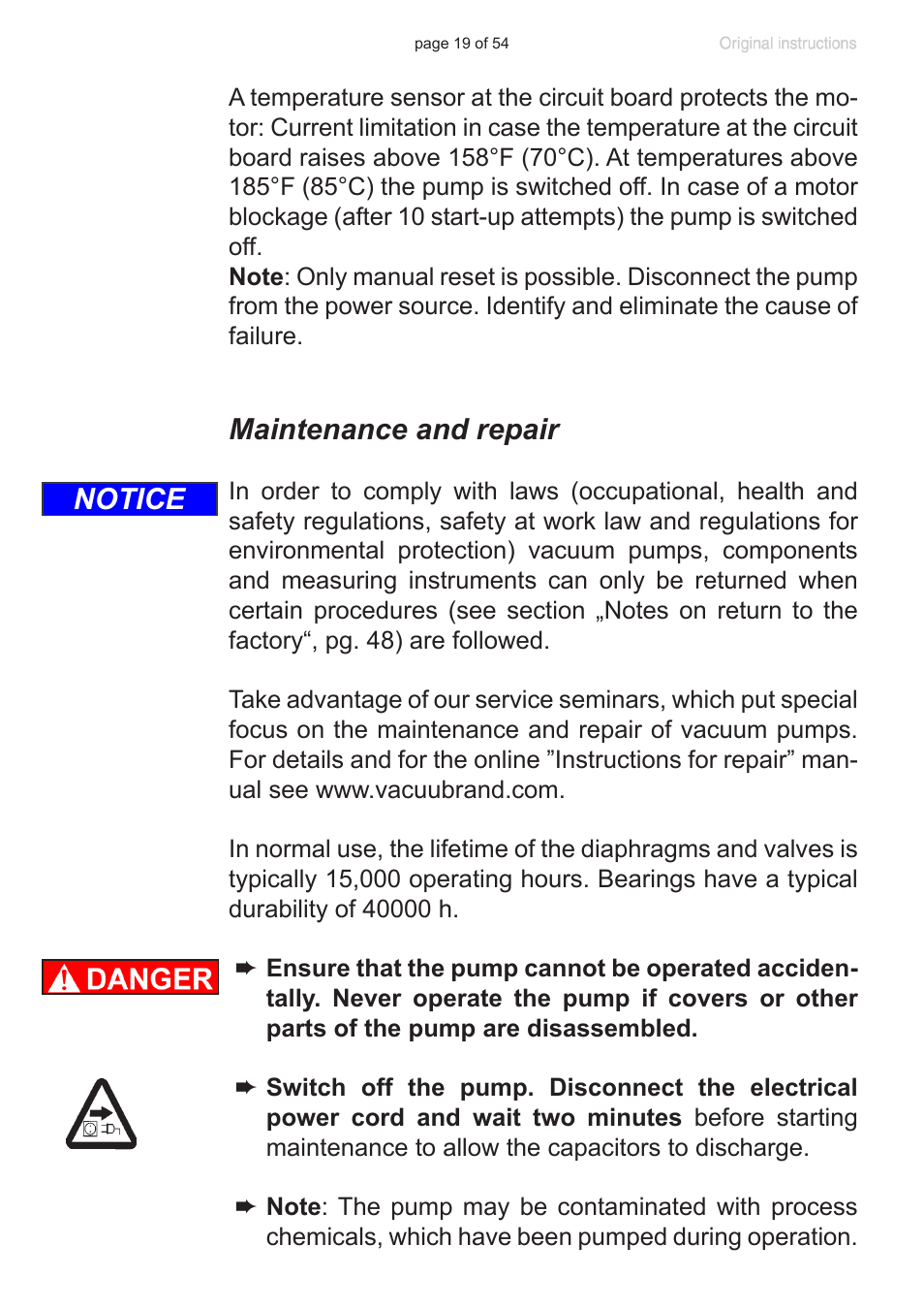 Maintenance and repair, Notice | VACUUBRAND PC 3001 basic pro User Manual | Page 19 / 54