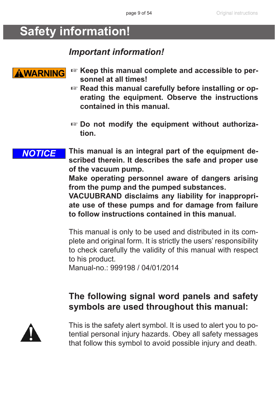 Safety information, Important information, Notice | VACUUBRAND PC 3001 basic pro User Manual | Page 9 / 54