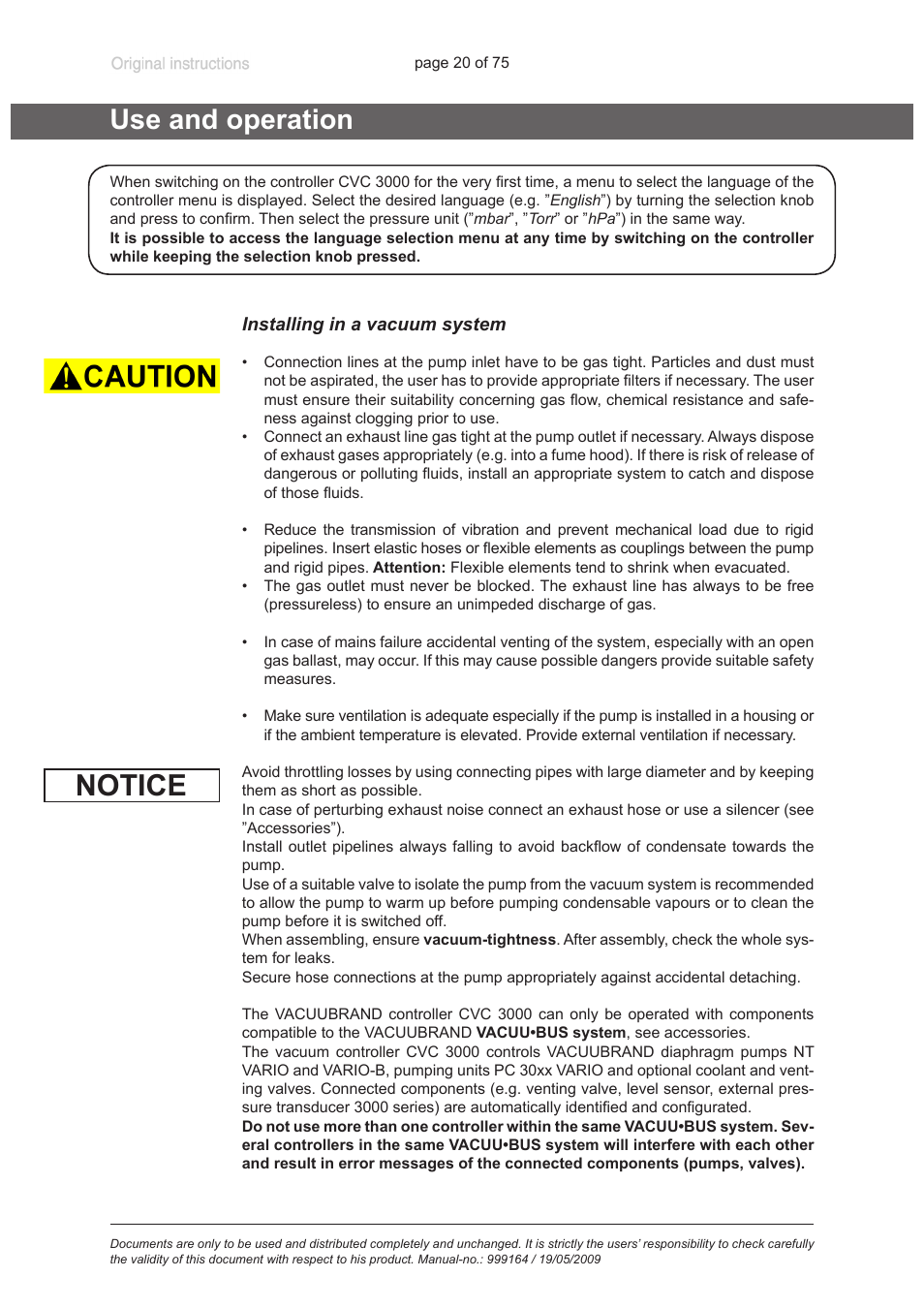 Use and operation, Notice | VACUUBRAND PC 3012 VARIO User Manual | Page 20 / 75