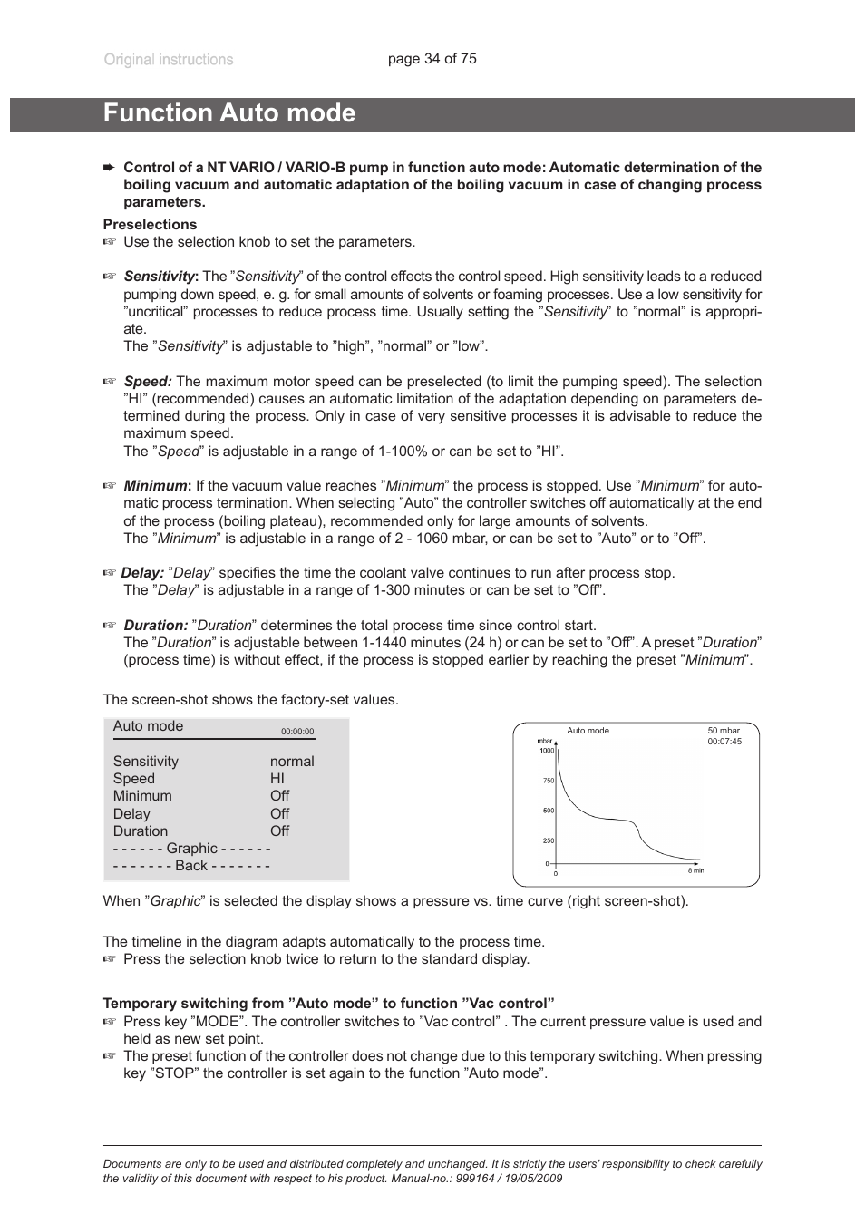Function auto mode | VACUUBRAND PC 3012 VARIO User Manual | Page 34 / 75