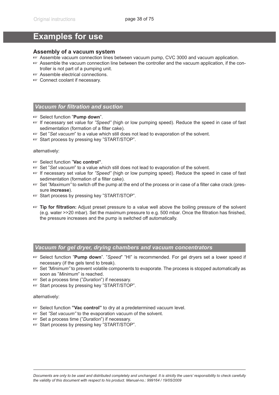 Examples for use, Vacuum for filtration and suction | VACUUBRAND PC 3012 VARIO User Manual | Page 38 / 75
