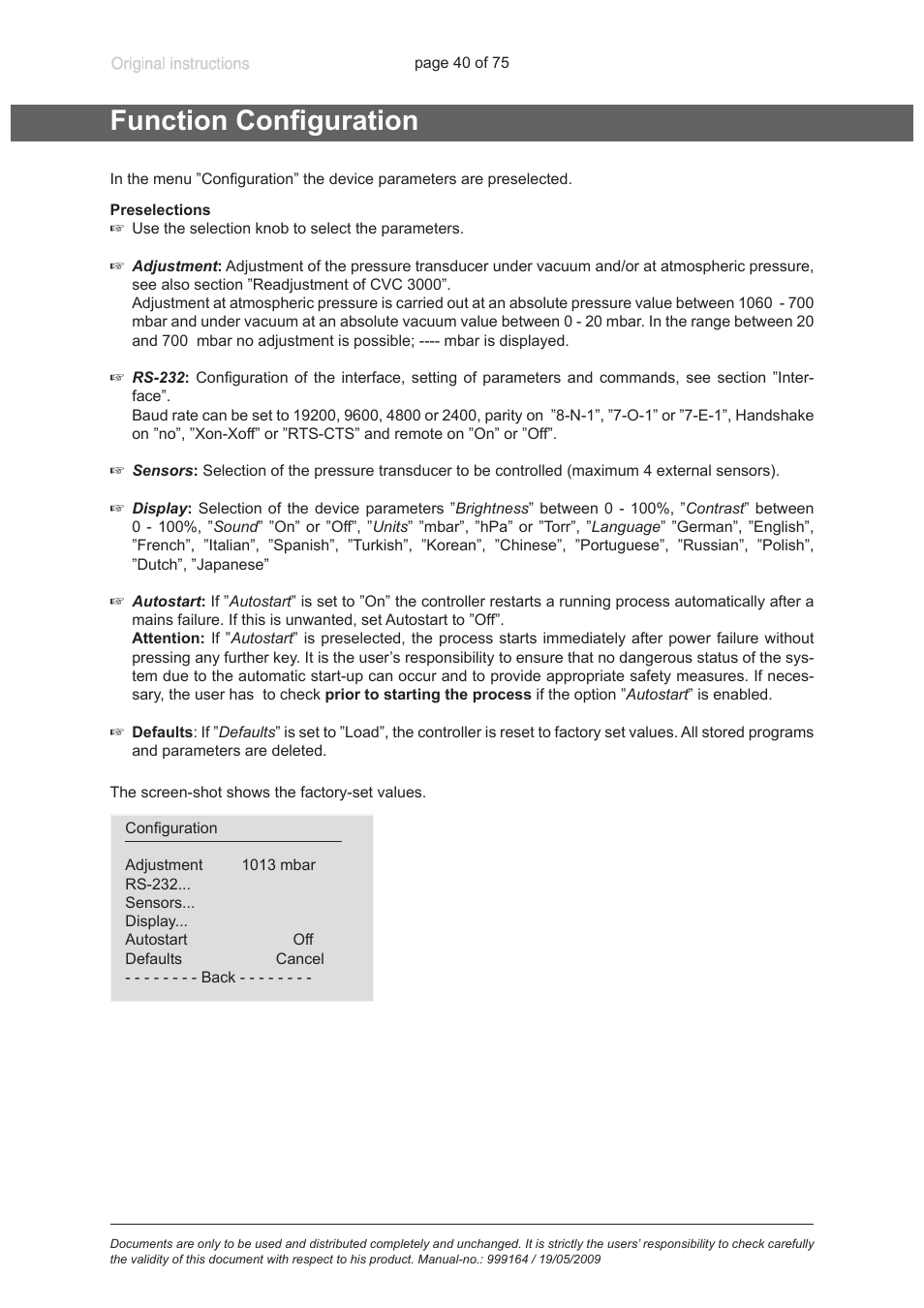 Function configuration | VACUUBRAND PC 3012 VARIO User Manual | Page 40 / 75