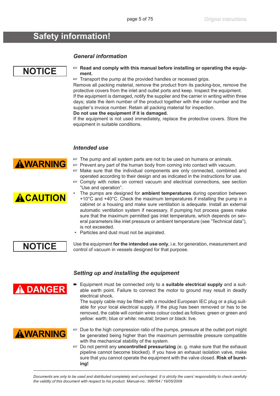 Safety information, General information, Intended use | Setting up and installing the equipment, Notice | VACUUBRAND PC 3012 VARIO User Manual | Page 5 / 75