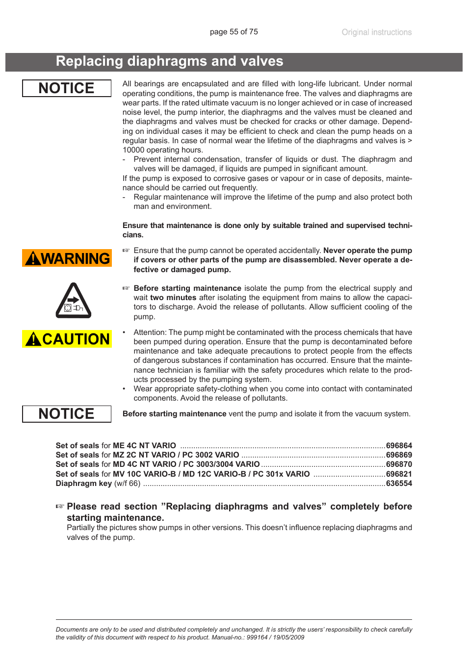 Replacing diaphragms and valves, Notice | VACUUBRAND PC 3012 VARIO User Manual | Page 55 / 75