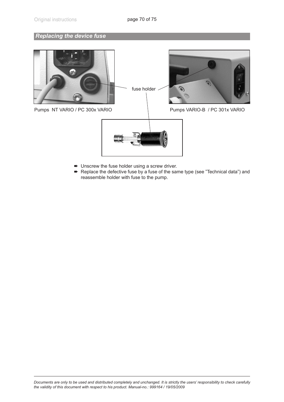 Replacing the device fuse | VACUUBRAND PC 3012 VARIO User Manual | Page 70 / 75