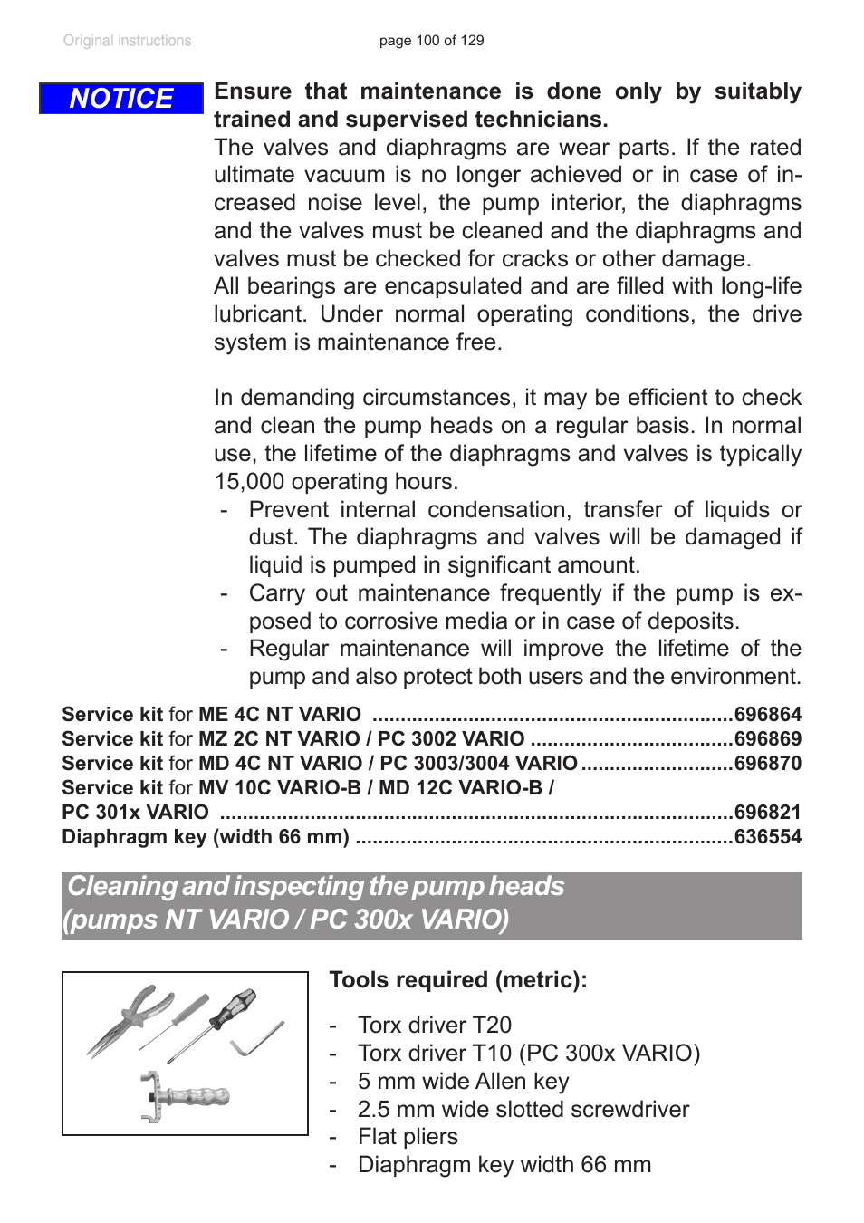 Cleaning and inspecting the pump heads, Pumps nt vario / pc 300x vario), Notice | VACUUBRAND PC 3012 VARIO plastic housing User Manual | Page 100 / 129