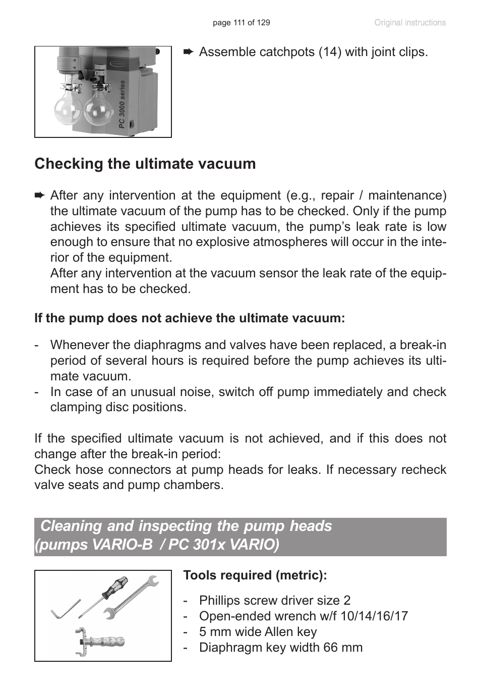 Cleaning and inspecting the pump heads, Pumps vario-b / pc 301x vario), Checking the ultimate vacuum | VACUUBRAND PC 3012 VARIO plastic housing User Manual | Page 111 / 129