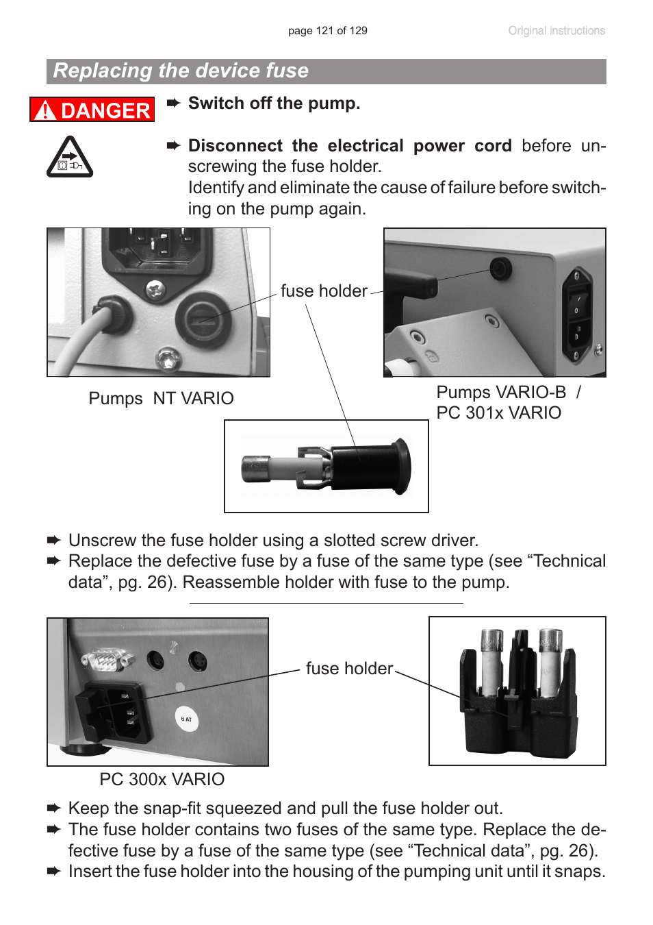 Replacing the device fuse | VACUUBRAND PC 3012 VARIO plastic housing User Manual | Page 121 / 129